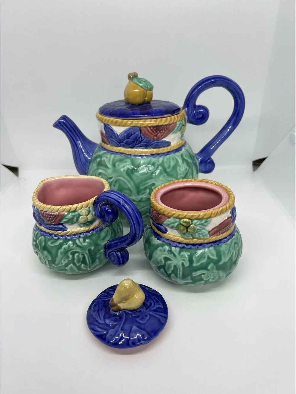 Fitz and Floyd Tea Set Pear Finial Majolica Glaze Green Blue Mid 90s 1995